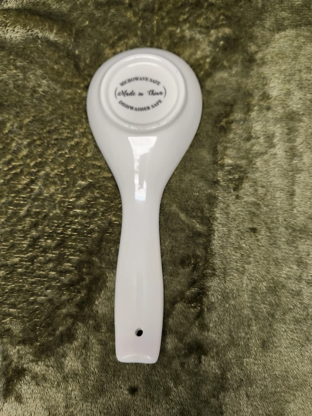 White Ceramic Spoon Rest with Blue Script Message